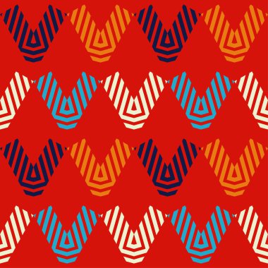 Çizgili zigzag. Çizgili geometrik figürler mozaiği. Kusursuz desen. Elle kumandalı tasarım. Tekstil. Etnik boho süsü. Web tasarımı veya yazdırma için vektör illüstrasyonu.