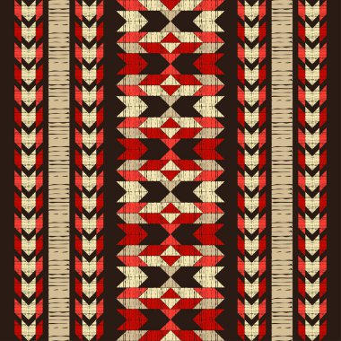 Geleneksel halk geometrik desenli Navajo mozaik halısı. Kızılderili Kızılderili battaniyesi. Aztek elementleri. Maya süsü. Kusursuz bir geçmişi var. Web tasarımı veya yazdırma için vektör illüstrasyonu.