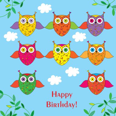 Dekoratif baykuşlar Happy Birthday tebrik kartı!
