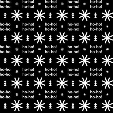 Seamless Christmas vector black and white background with decorative snowflakes and trees