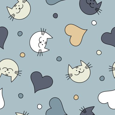 Seamless vector background with with decorative cats, hearts and polka dots