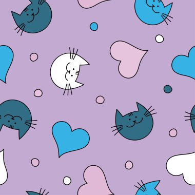 Seamless vector background with with decorative cats, hearts and polka dots