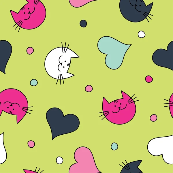 Seamless vector background with with decorative cats, hearts and polka dots — Stok Vektör