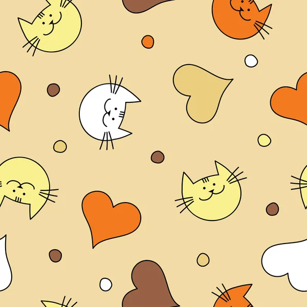 Бесшовный векторный фон с декоративными кошками, сердцами и горошек — стоковый вектор
