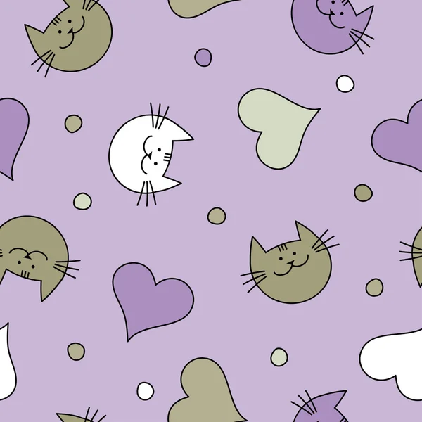 Seamless vector background with with decorative cats, hearts and polka dots — Stock vektor