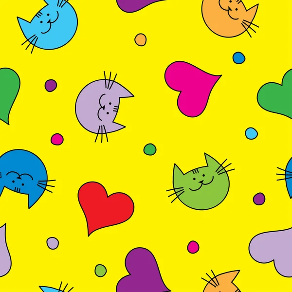 Seamless vector background with with decorative cats, hearts and polka dots — Stok Vektör