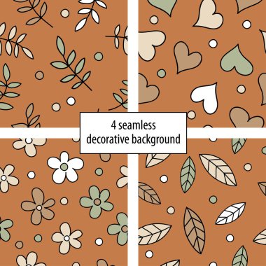 4 seamless background with decorative leaves, branches, hearts and polka dots clipart