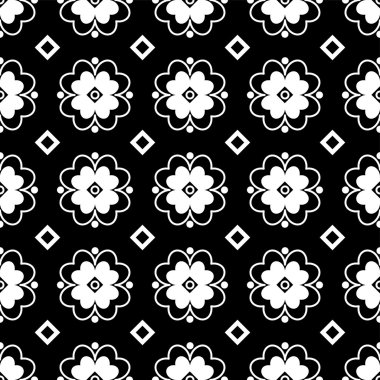 Kesintisiz beyaz siyah vektör arka plan dekoratif çiçeklerle