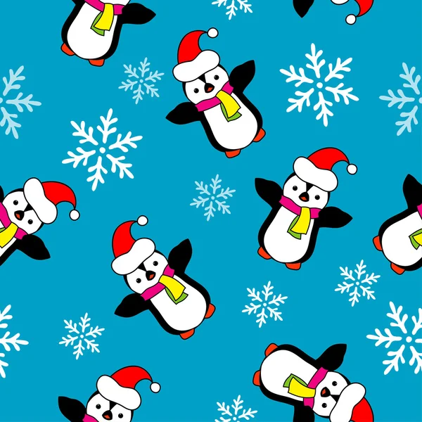 Fondo de vector de Navidad sin costuras con copos de nieve ornamentales y pingüinos — Vector de stock