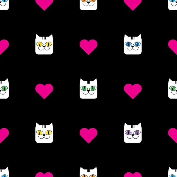 Fond vectoriel sans couture avec des chats et des cœurs décoratifs — Image vectorielle