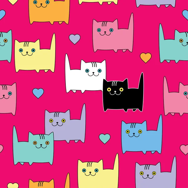 Fond vectoriel sans couture avec des chats et des cœurs décoratifs — Image vectorielle