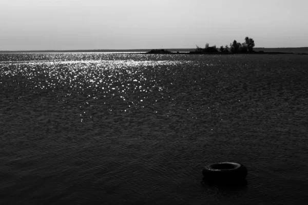 Paisagem de lago minimalista preto e branco em uma manhã de verão — Fotografia de Stock