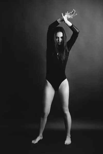 Stilvolles Und Modisches Foto Schwarz Weiß Kunstporträt Eines Mädchens Body — Stockfoto