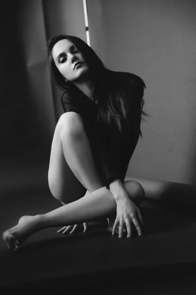 Stylish Fashionable Photo Black White Art Portrait Girl Bodysuit Girl — Stock Photo, Image