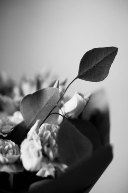 Güzel düğün buketi yakın plan, tropikal bitkiler, okaliptüs ve güllerin karışımı.