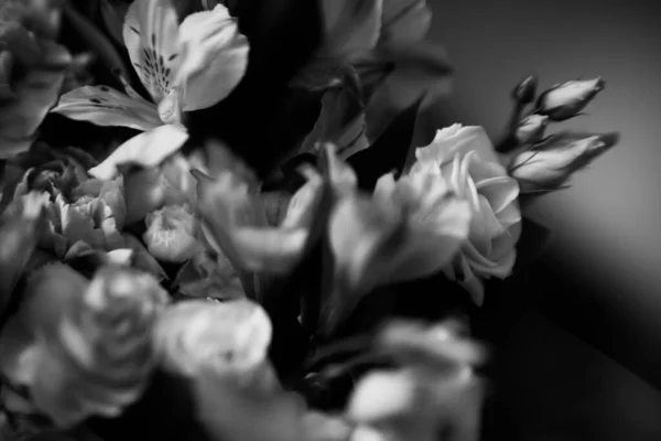 Gyönyörű Esküvői Csokor Közelről Kombinációja Trópusi Növények Eukaliptusz Rózsák — Stock Fotó