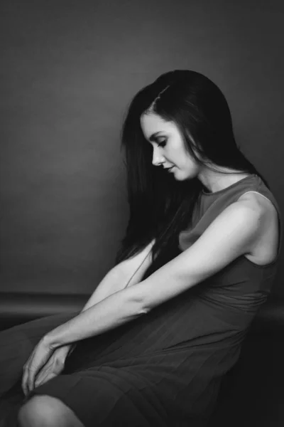 Studio Black White Portrait Brunette Girl Emotions Face Young Woman — Stock Photo, Image
