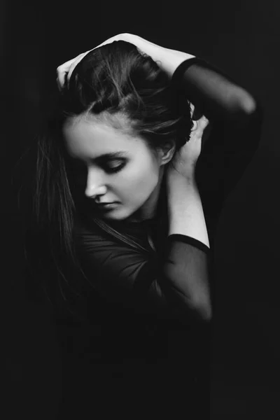 Studio Black White Portrait Brunette Girl Emotions Face Young Woman — Stock Photo, Image