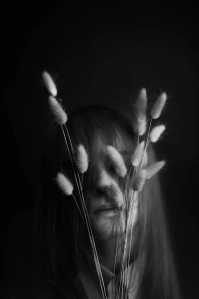 Nsanlar Kuru Bitkiler Bir Kızın Minimalist Siyah Beyaz Portresi Bir — Stok fotoğraf