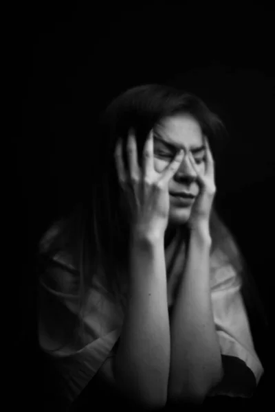 Black White Studio Portrait Girl Emotions Face Beautiful Woman Facial — Stock Photo, Image