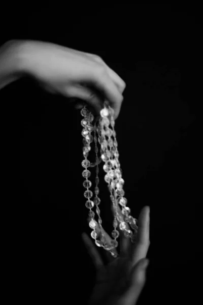 Black White Photo Beautiful Female Hands Hold Glass Garland Hands — Stock Photo, Image