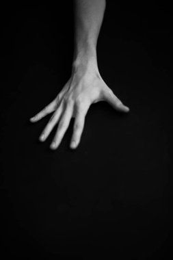 Cesedin detayları, elleri siyah arkaplanda yakın plan.