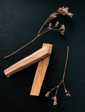 Palo Santo ağacının dağınık dalları, karanlık arka planda güzel bir yerleşim yeri. Üst Manzara. Latin Amerika 'dan organik kutsal ağaç tütsüsü. 
