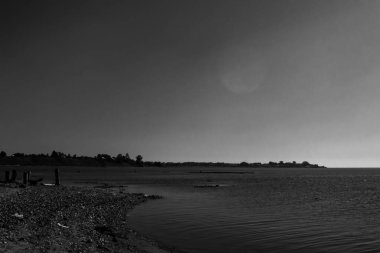 Siyah ve beyaz minimalist göl manzarası bir yaz sabahı