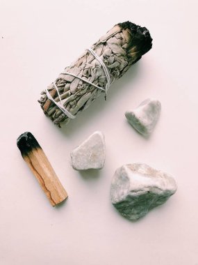 Doğal tütsü, Beyaz Bilge ve Palo Santo. Güney Amerika 'nın kutsal ağacı, renkli kare fotoğraf. Beyaz bilge ve beyaz arka planda Palo Santo..