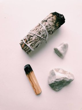 Doğal tütsü, Beyaz Bilge ve Palo Santo. Güney Amerika 'nın kutsal ağacı, renkli kare fotoğraf. Beyaz bilge ve beyaz arka planda Palo Santo..