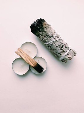 Doğal tütsü, Beyaz Bilge ve Palo Santo. Güney Amerika 'nın kutsal ağacı, renkli kare fotoğraf. Beyaz bilge ve beyaz arka planda Palo Santo..