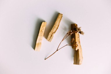 Doğal tütsü, Beyaz Bilge ve Palo Santo. Güney Amerika 'nın kutsal ağacı, renkli kare fotoğraf. Beyaz bilge ve beyaz arka planda Palo Santo..