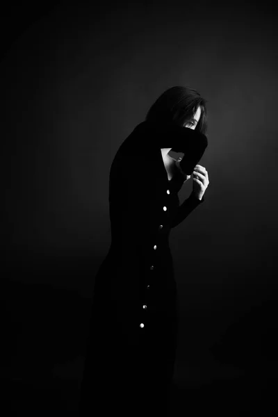 Fashionable Minimalistic Portrait Brunette Girl Black Dress Grim Studio Portrait — Stock Photo, Image