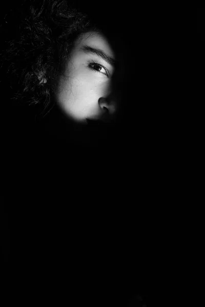 Sensual Black White Portrait Brunette Girl Curly Hair — Stock Photo, Image