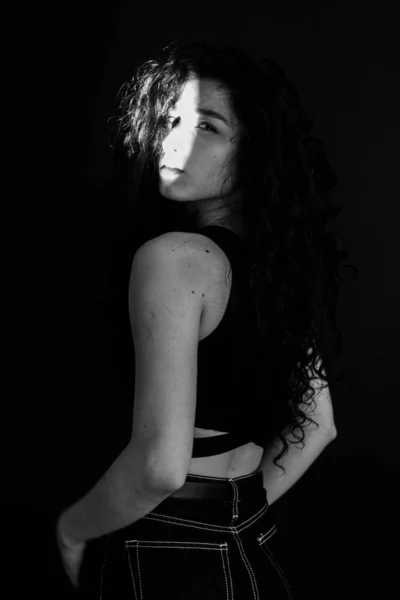 Sensual Black White Portrait Brunette Girl Curly Hair — Foto de Stock