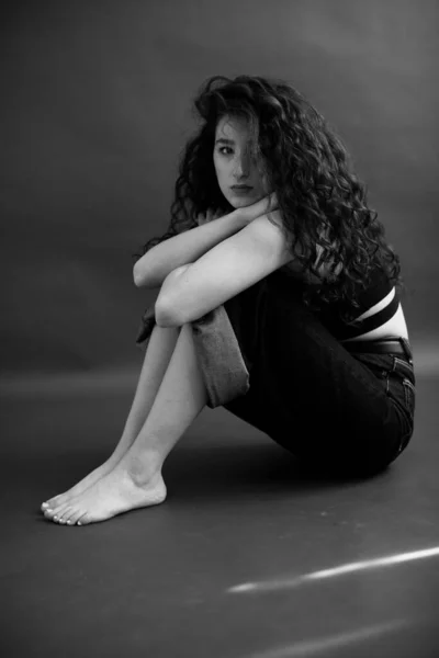 Sensual Black White Portrait Brunette Girl Curly Hair — ストック写真