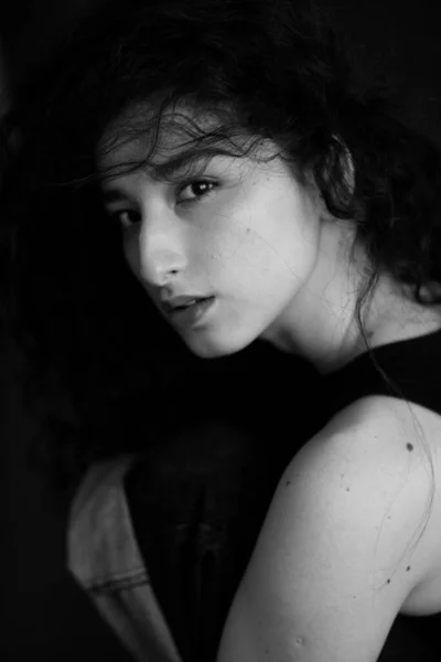 Sensual Black White Portrait Brunette Girl Curly Hair Stock Picture