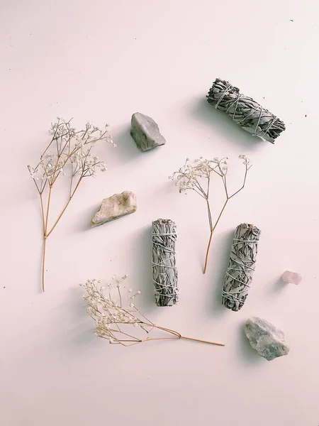 Natural incense White Sage. Sacred tree of South America, color square photo.White Sage on white background.