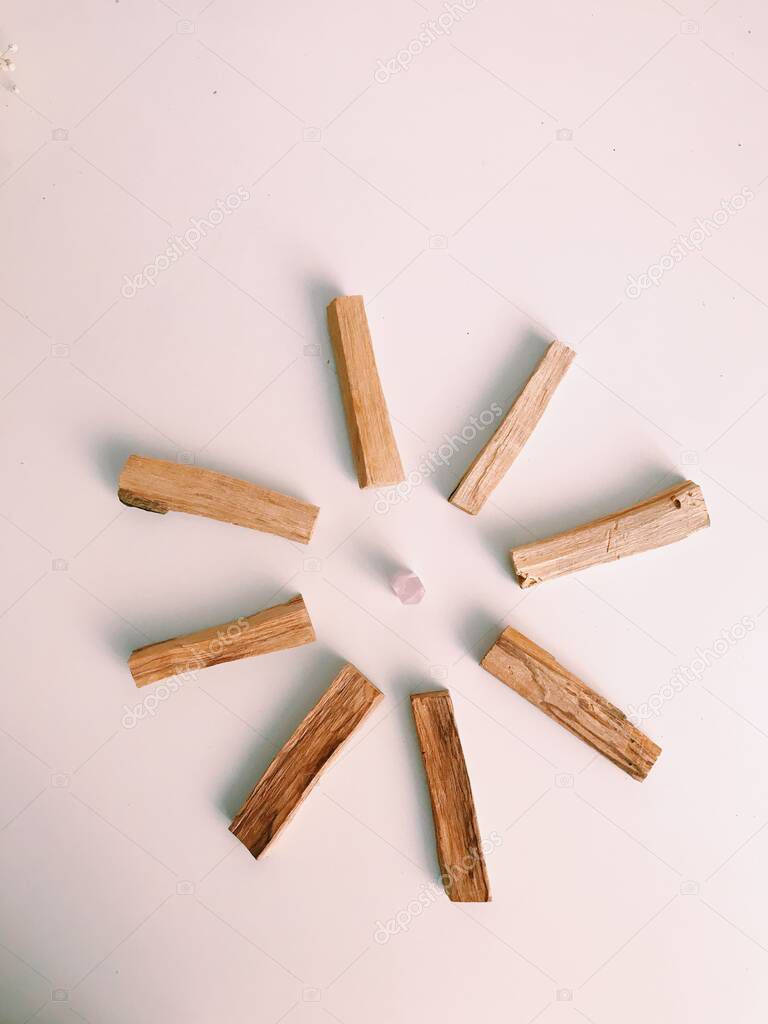 The sacred wood Palo Santo. Flat lay, top view. Copy space for text.