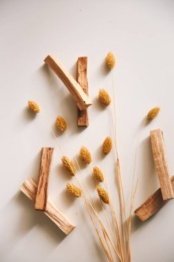 Palo santo ve kurutulmuş çiçekler. Tütsü dizilimi