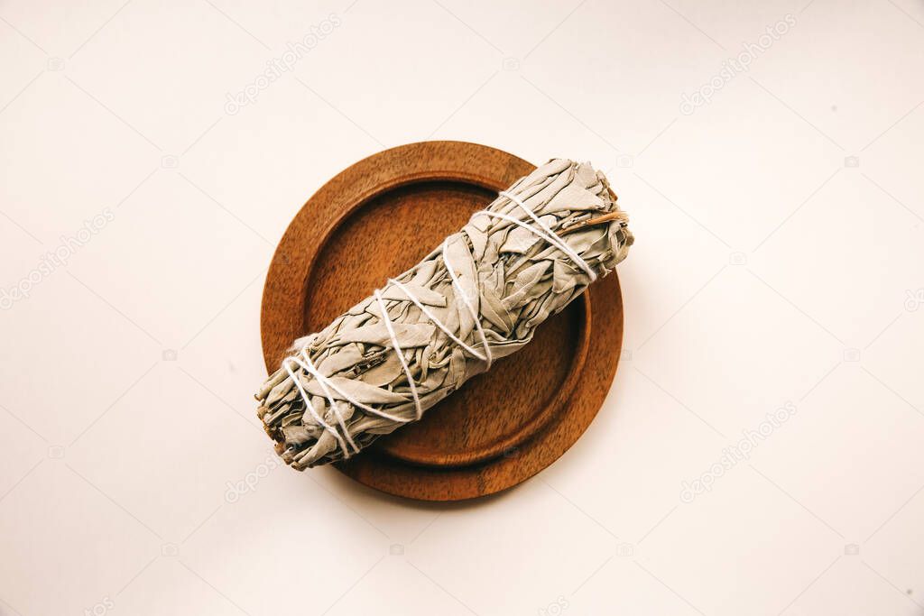 White California sage, incense, and ritual herb close-up. Layout and text space