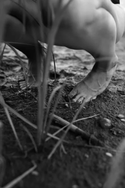 Spacer Lesie Piękne Kobiece Nogi Ziemi Trawie Szczegóły Ciała Zbliżenie — Zdjęcie stockowe