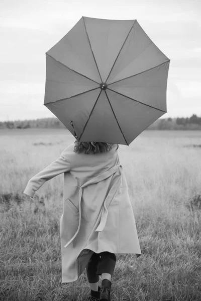 Séance Photo Automne Une Fille Parapluie Une Promenade Dans Champ — Photo