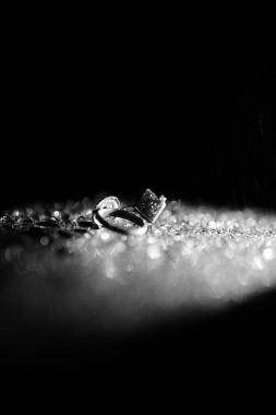 şık bir alyans fotoğrafı, siyah beyaz estetik ve hafif odaklı yağmur.