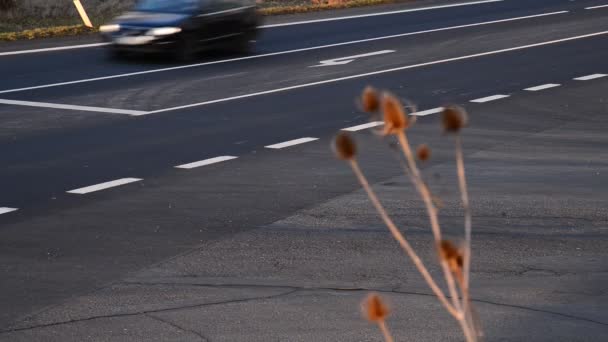 Snel rijdende auto's op een kruispunt — Stockvideo