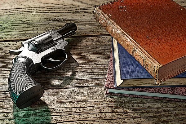 Ilustração de livros e pistola — Fotografia de Stock