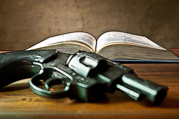 Ilustração de livro com pistola — Fotografia de Stock