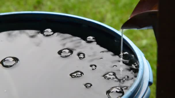 Regnvand strømmer ind i tønde vand, zoome ind, med lyd, realtid – Stock-video