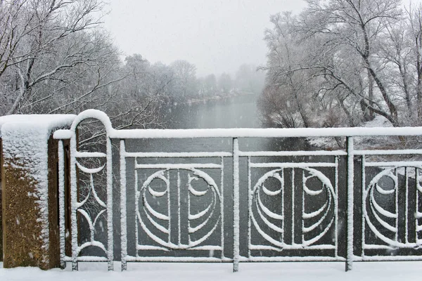 Zábradlí Mostu Zimě — Stock fotografie
