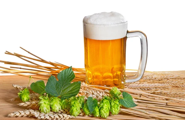 Bier und Rohstoff für die Bierproduktion — Stockfoto